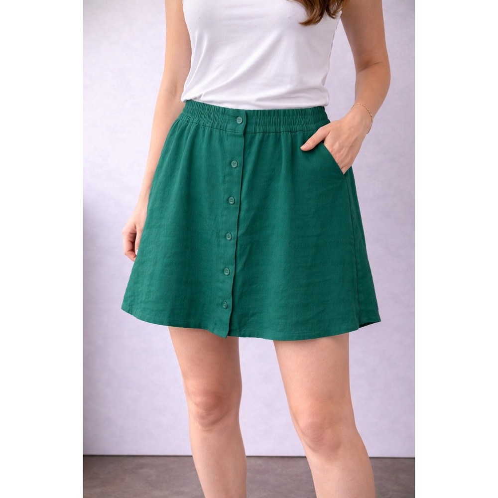 Forever 21 Mini Skirt Womens XS Emerald Green Button Front Elastic Waist Casual